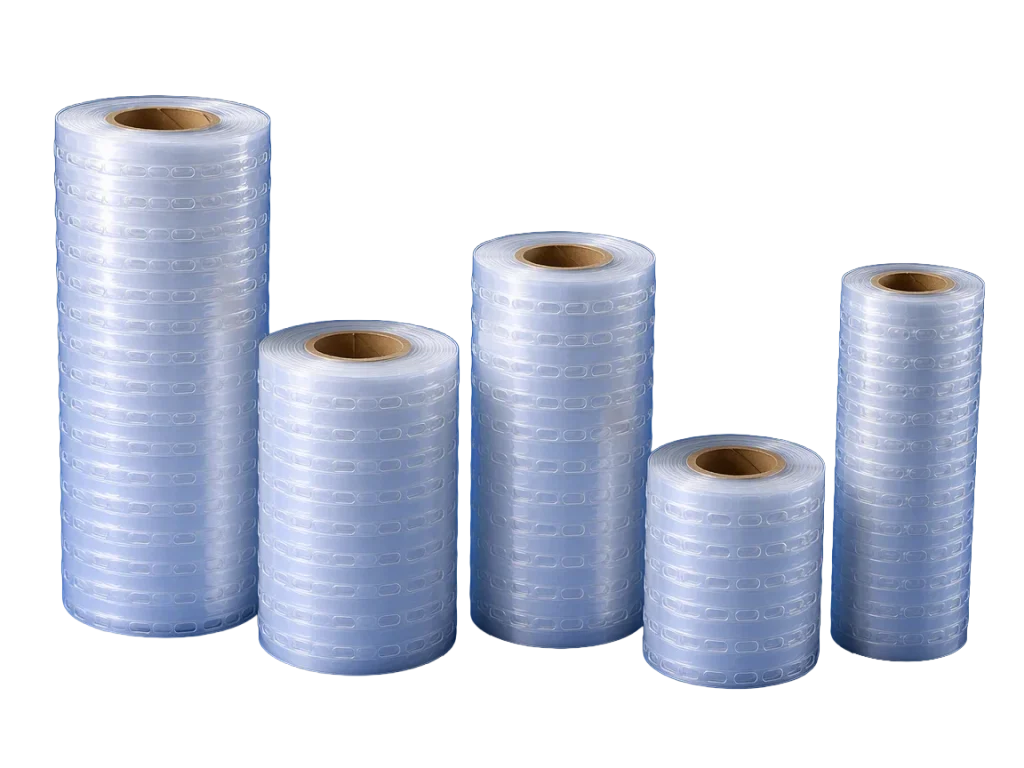 Different sizes of AirFlow perforated film lined up together and standing up. 