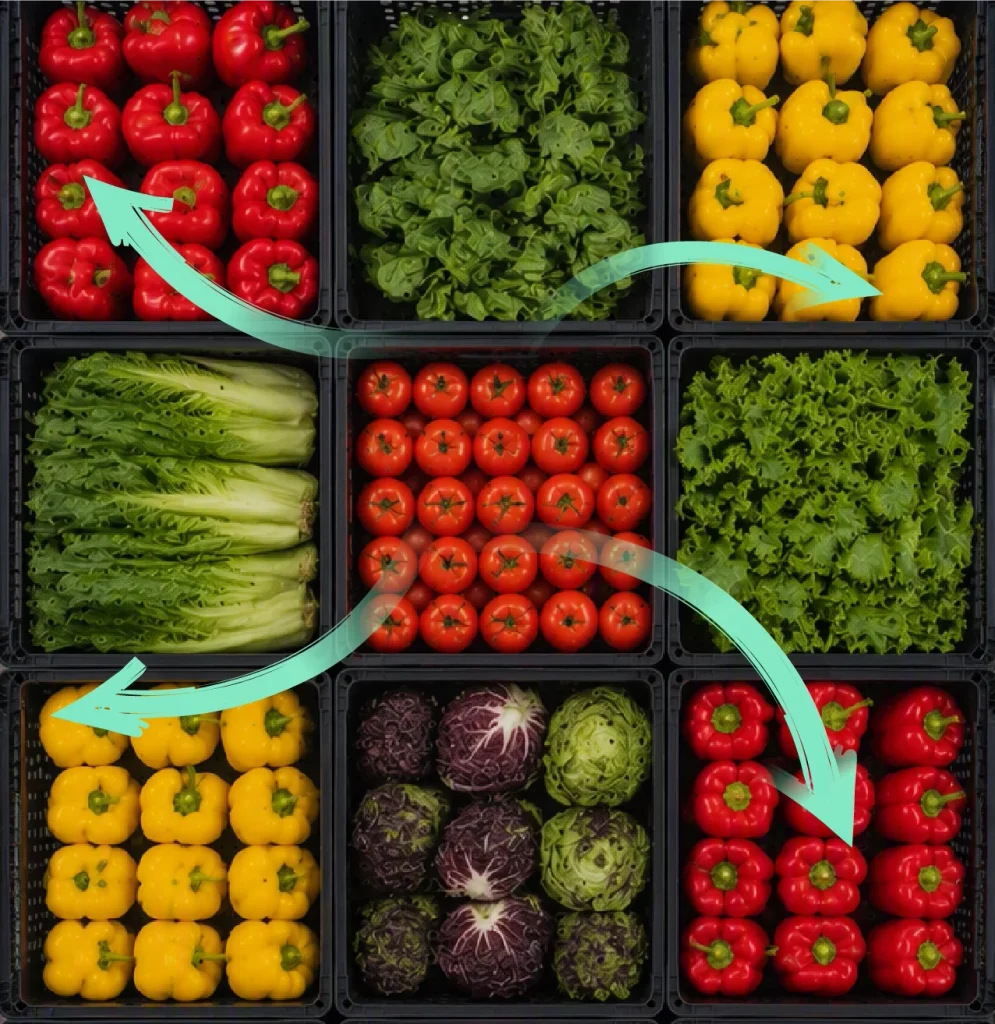 Faster cooling and off-gassing is demonstrated by arrows circulating around produce from a top-view. 