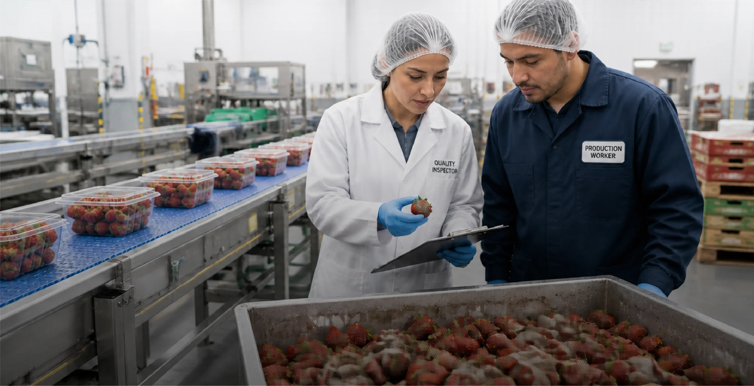 Quality inspectors are standing beside a line of strawberries and inspecting a batch of strawberries which looks like it has some rot and mold. 