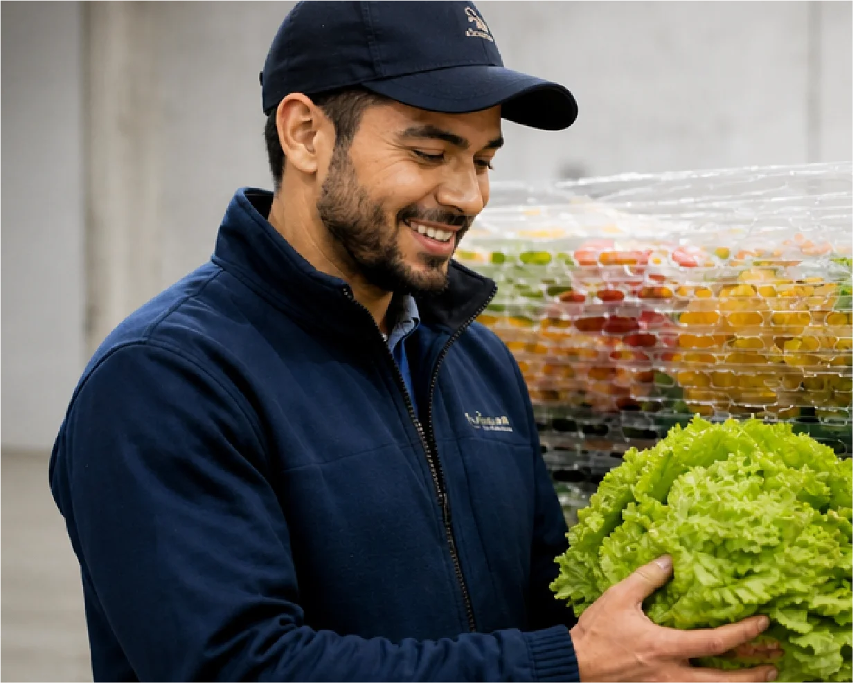 A worker unwraps fresh produce from a skid that has been wrapped with AirFlow vented stretch film 