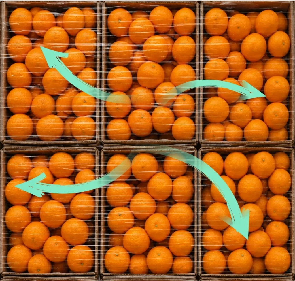 Looking down at a skid of oranges and seeing wavy lines that indicate moisture travelling across the oranges and out the sides of the boxes via ventilation from AirFlow film. 