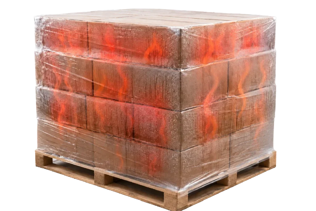 A skid of product that has been wrapped tightly is shown with red waves of heat inside the plastic wrap. 