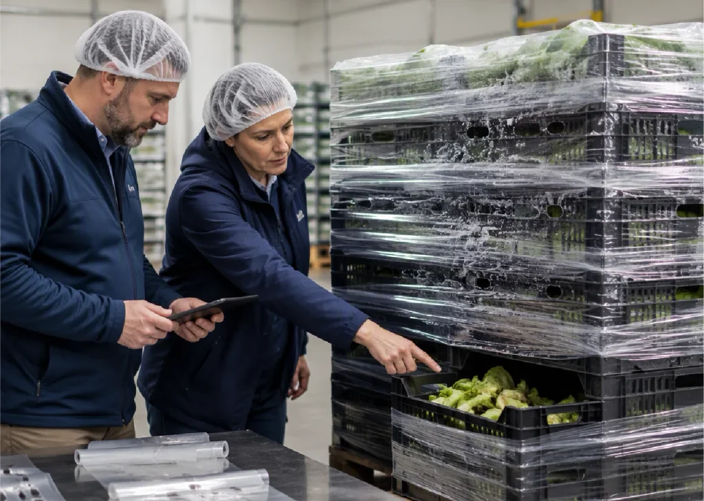 A worker in a food packaging plant shows an AirFlow export some spoiled produce while the AirFlow expert performs an evaluation. 