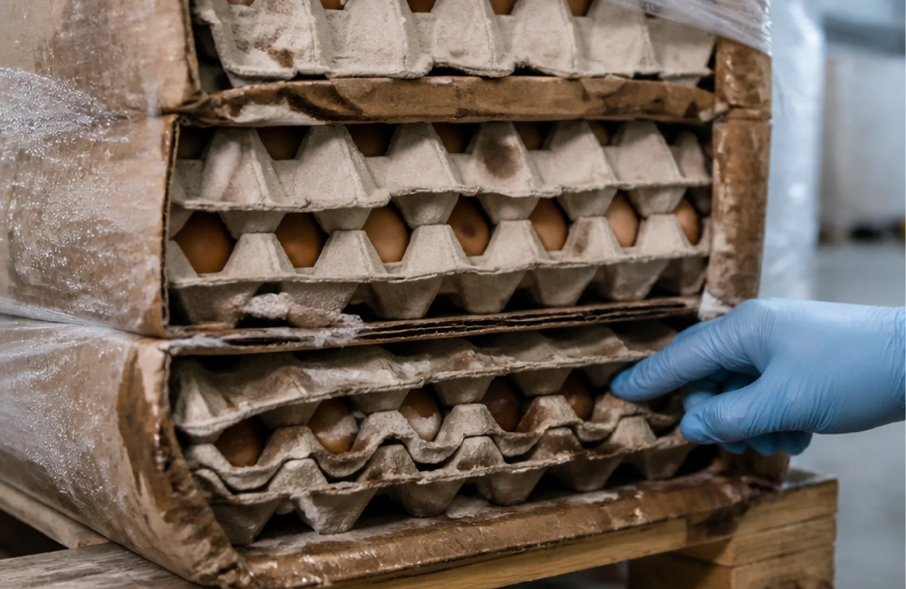 a palletized egg shipment containing stacked moulded-fibre egg cartons packed inside corrugated cardboard cases. The load is enclosed in conventional solid clear stretch film with visible condensation trapped beneath the plastic.