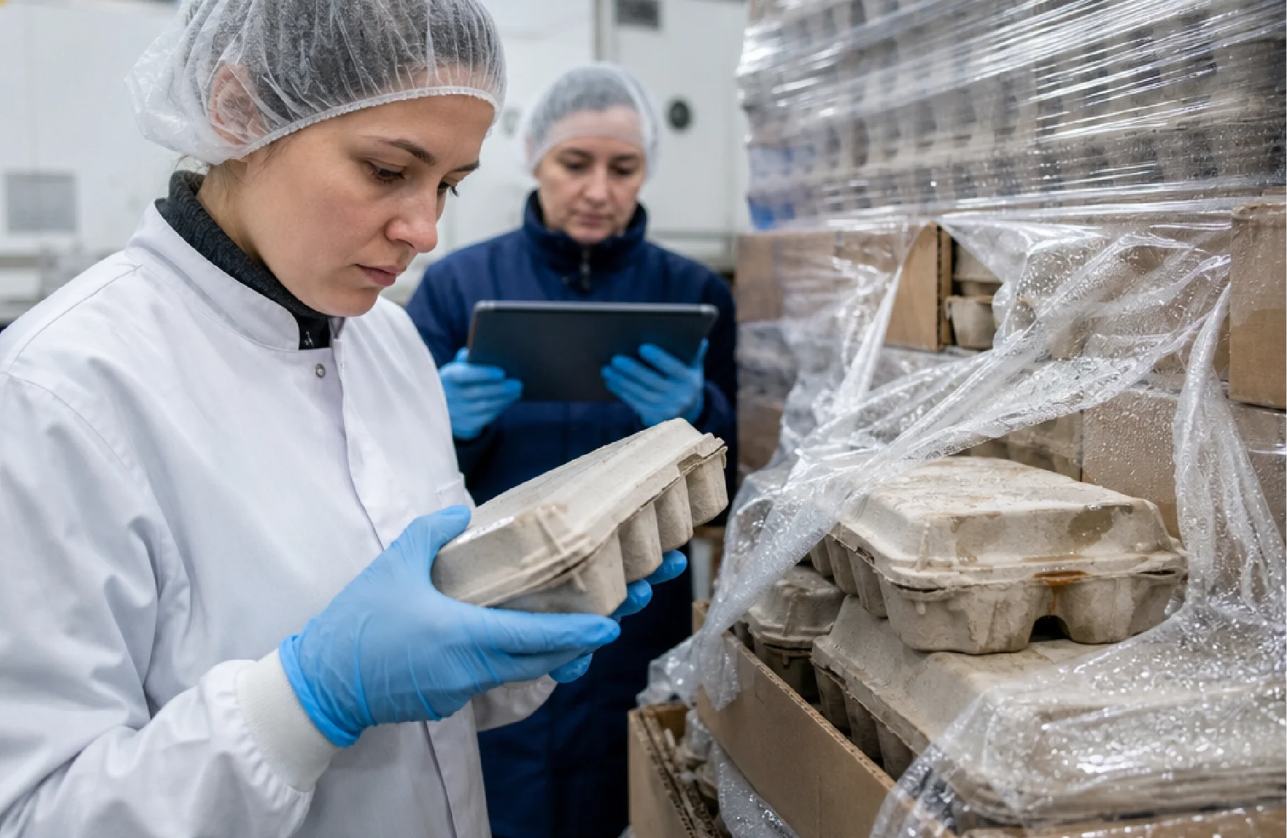 a palletized egg shipment containing stacked moulded-fibre egg cartons packed inside corrugated cardboard cases. The load is enclosed in conventional solid clear stretch film with visible condensation trapped beneath the plastic.