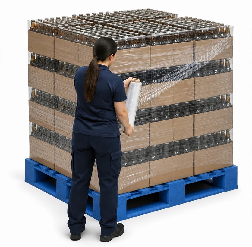 Woman wrapping beer bottles on pallet to help boost warehouse efficiency. 