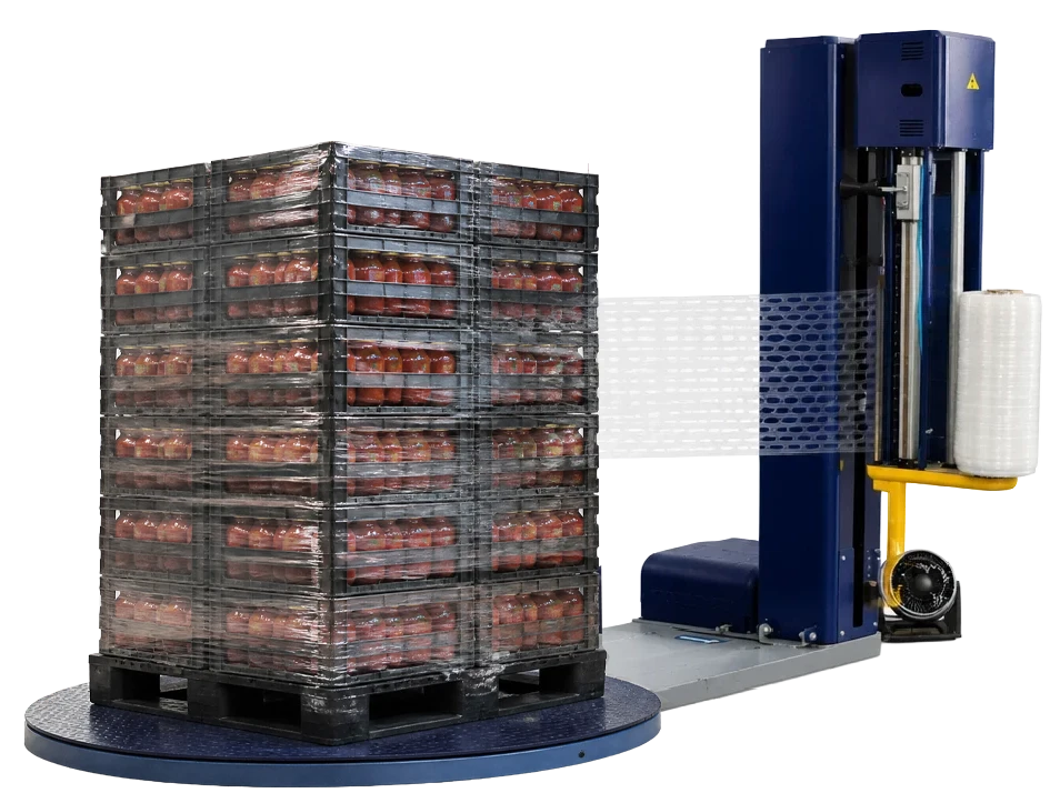 A palette of tomato sauce being wrapped with an automated AirFlow wrapping machine. 