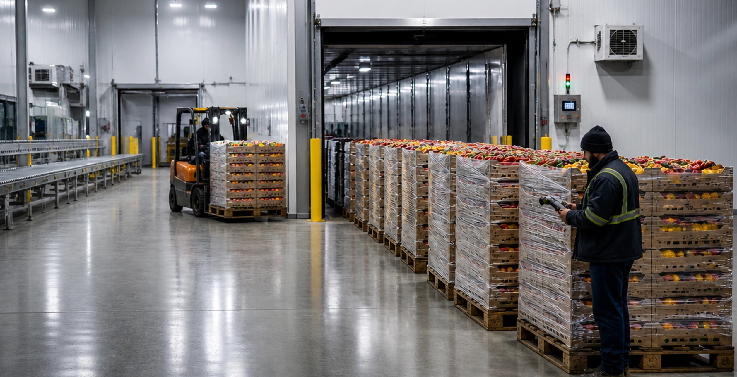 Several industrial skids loaded with hot-filled beverage bottles are sitting stationary in a crowded shipping-staging area. T